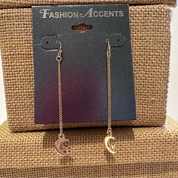 NWT 2 Pair of Fashion Accents Earrings gold tone dangles, moon, rhinestones - Picture 5 of 12